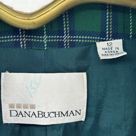 Dana Buchman Green Plaid Blazer Jacket Women Size 12 Silk Blend Academia Preppy - Picture 10 of 11